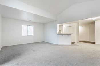 A large empty room with a carpeted floor and a window.